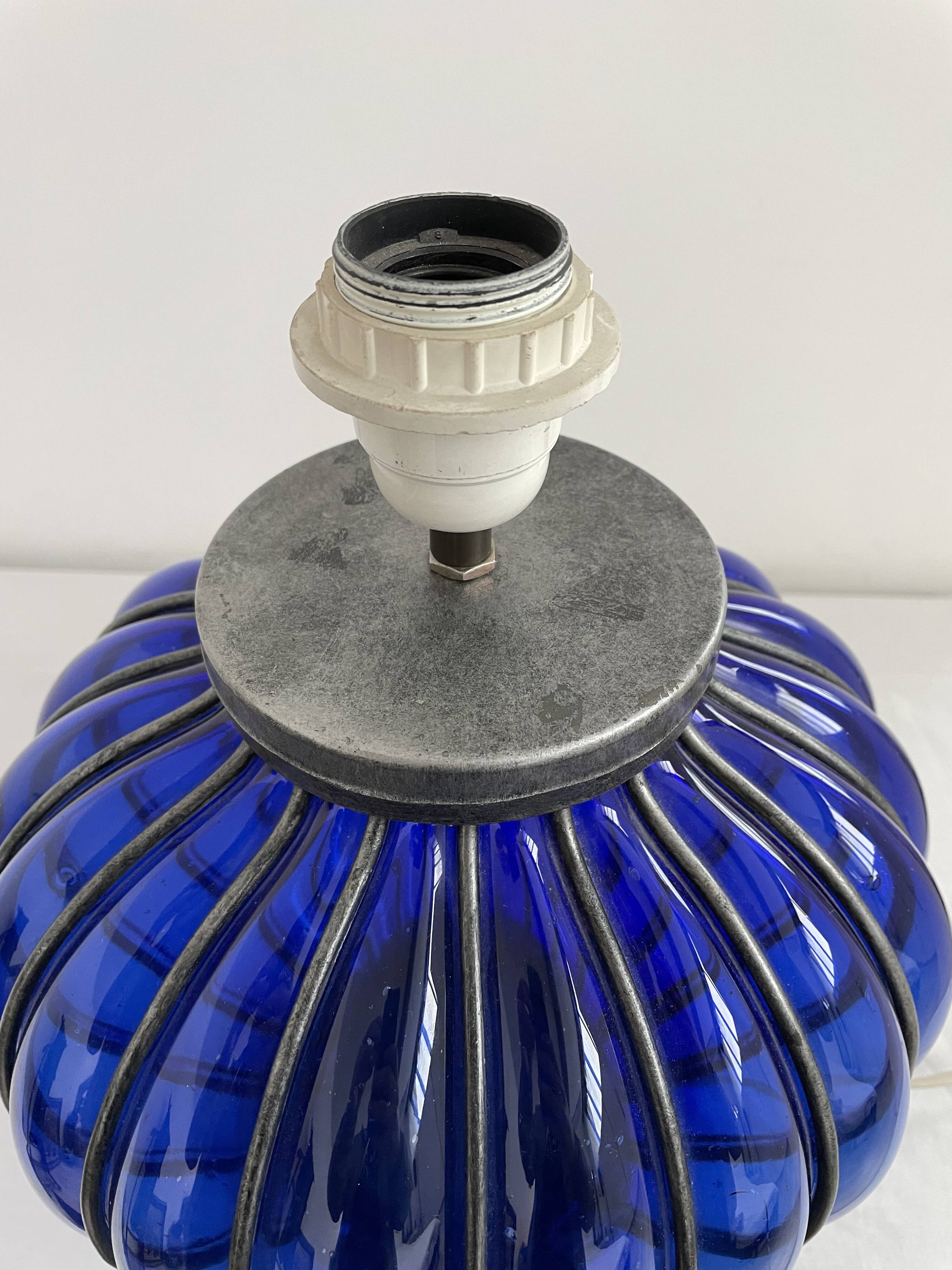 Vintage, blown glass lamp base, cobalt blue, silver metal frame, designer lamp, chic