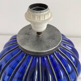 Vintage, blown glass lamp base, cobalt blue, silver metal frame, designer lamp, chic