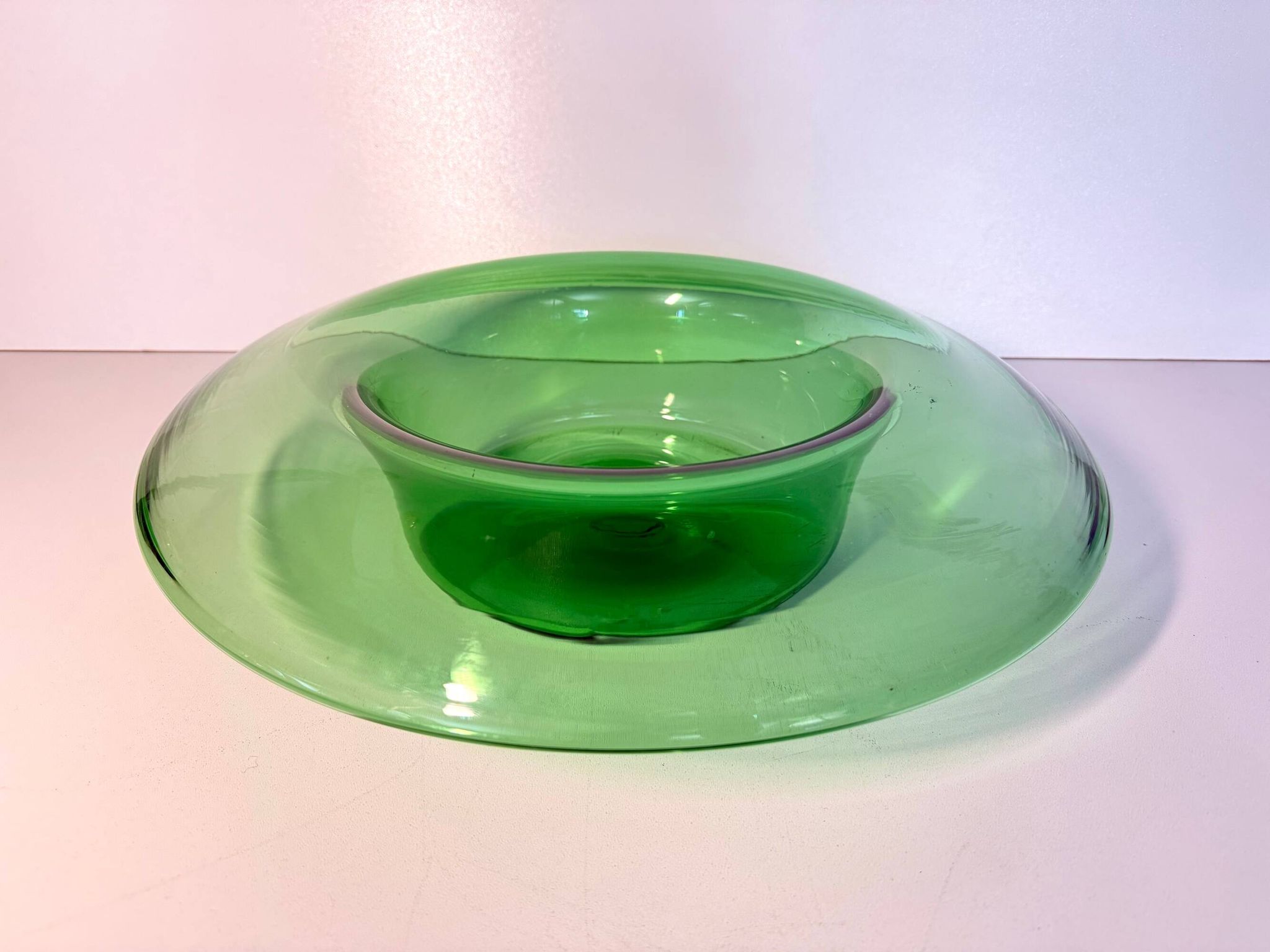 Vintage Hand Blown Green Glass Centerpiece Bowl, Empoli, Italy, 1970s