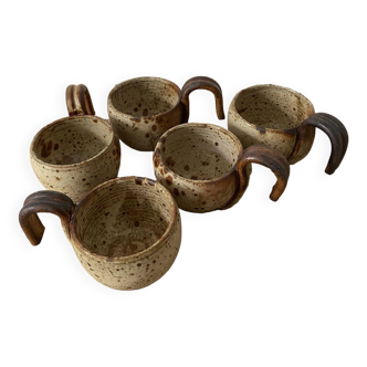5 tasses à café en grès pyrité avec poignée