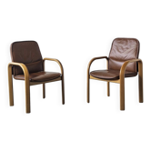 Paire de fauteuils vintage en hêtre et cuir, années 80