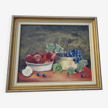 Huile sur toile encadrée représentant nature morte signée F. Grelet  56 X 47 cm