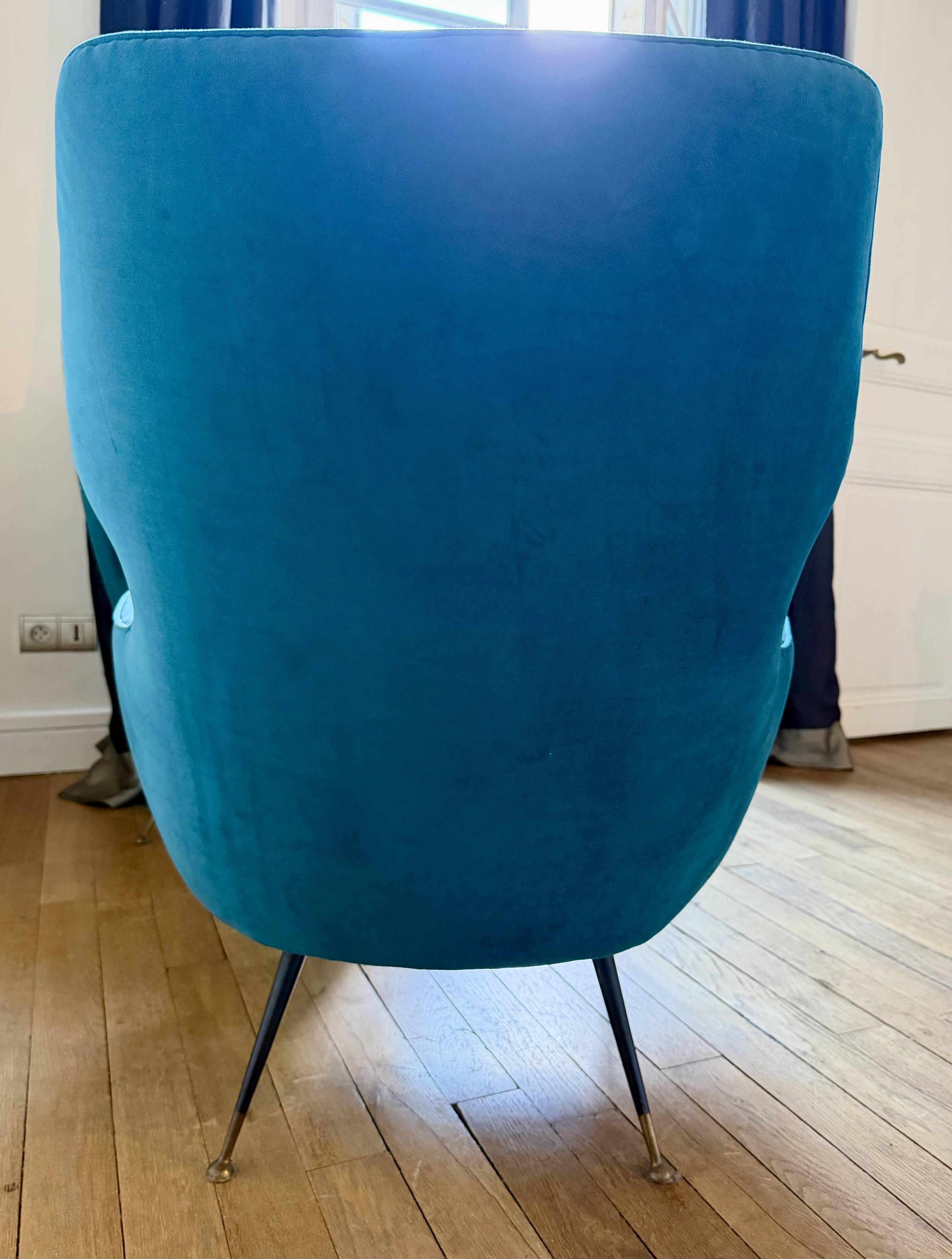 Pair of vintage Italian armchairs, 1950s-1960s, peacock blue velvet.