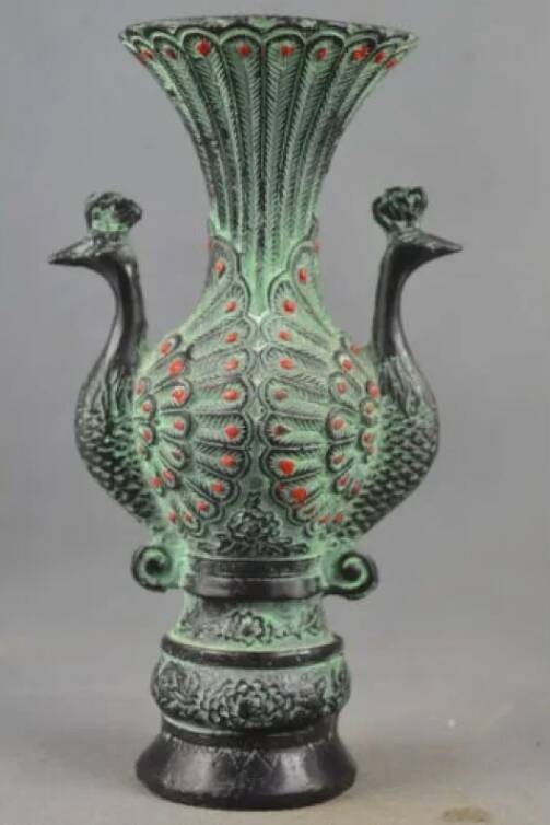 Vintage Hand-Carved Double Peacock Vase, Auspicious Green Jade Vase, Home decor