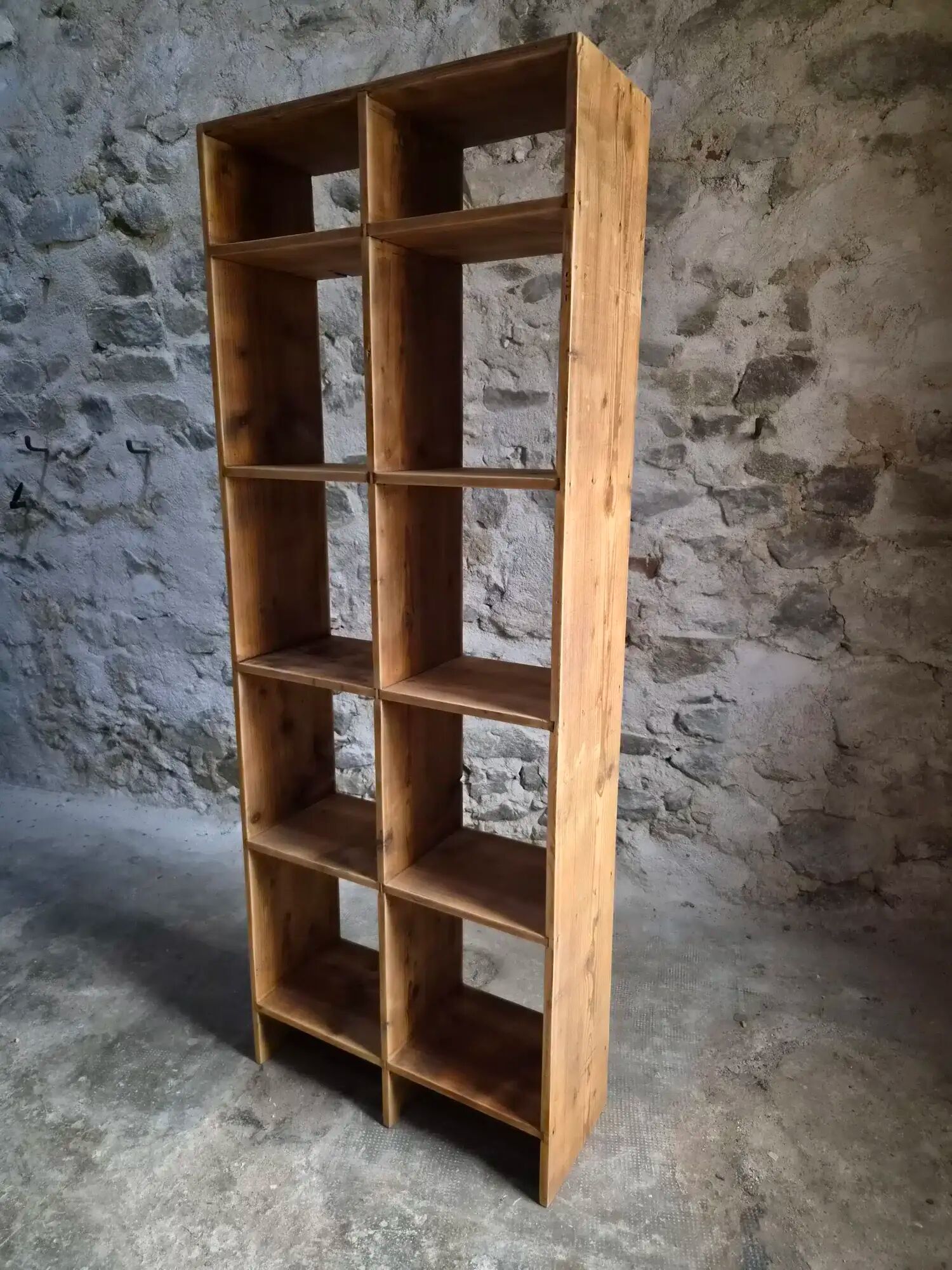 Vintage pine shelf with compartments, room divider, 1950s.