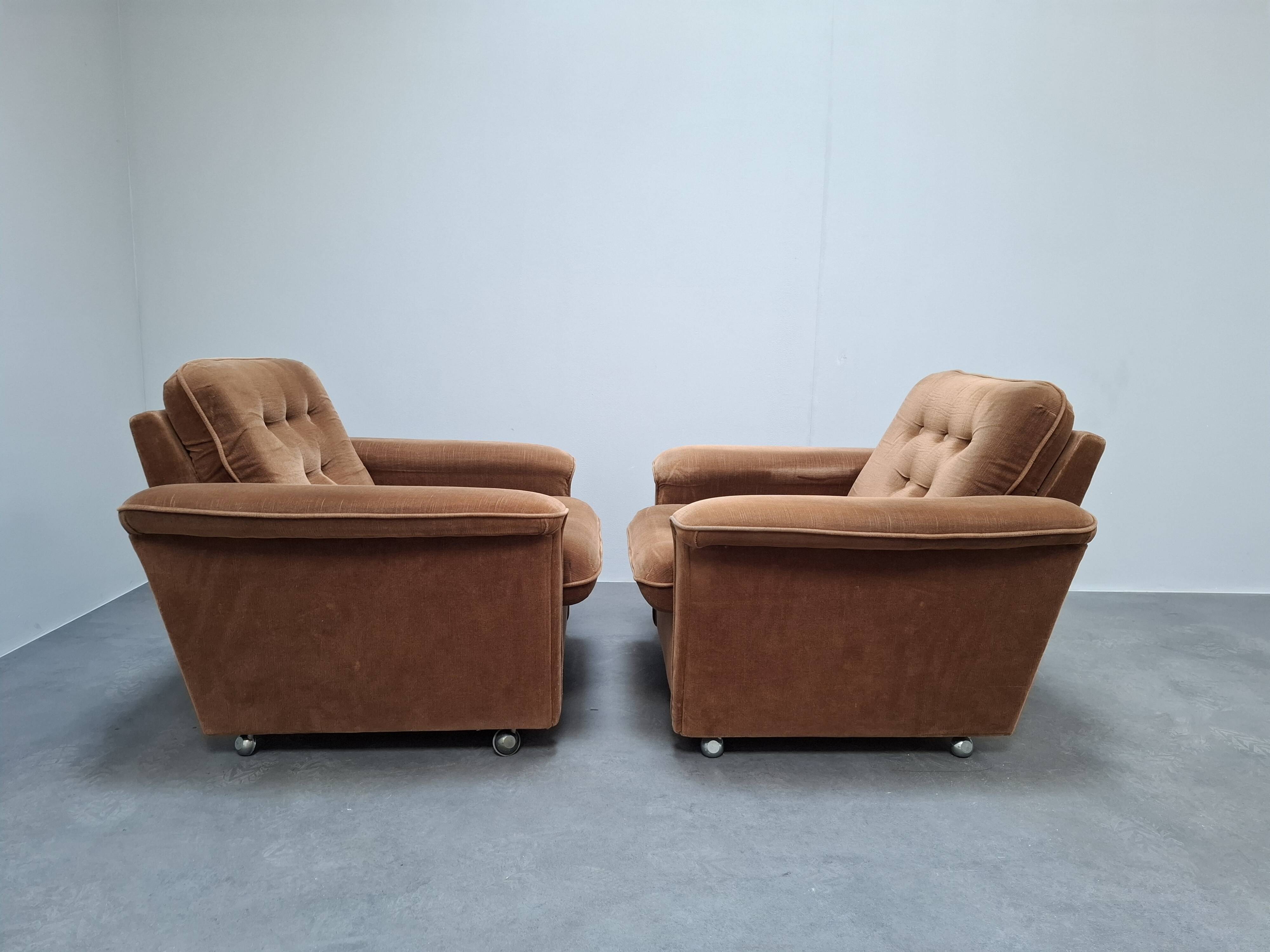 Pair of Mid-Century Modern Czech Lounge Armchairs with Rolling Casters