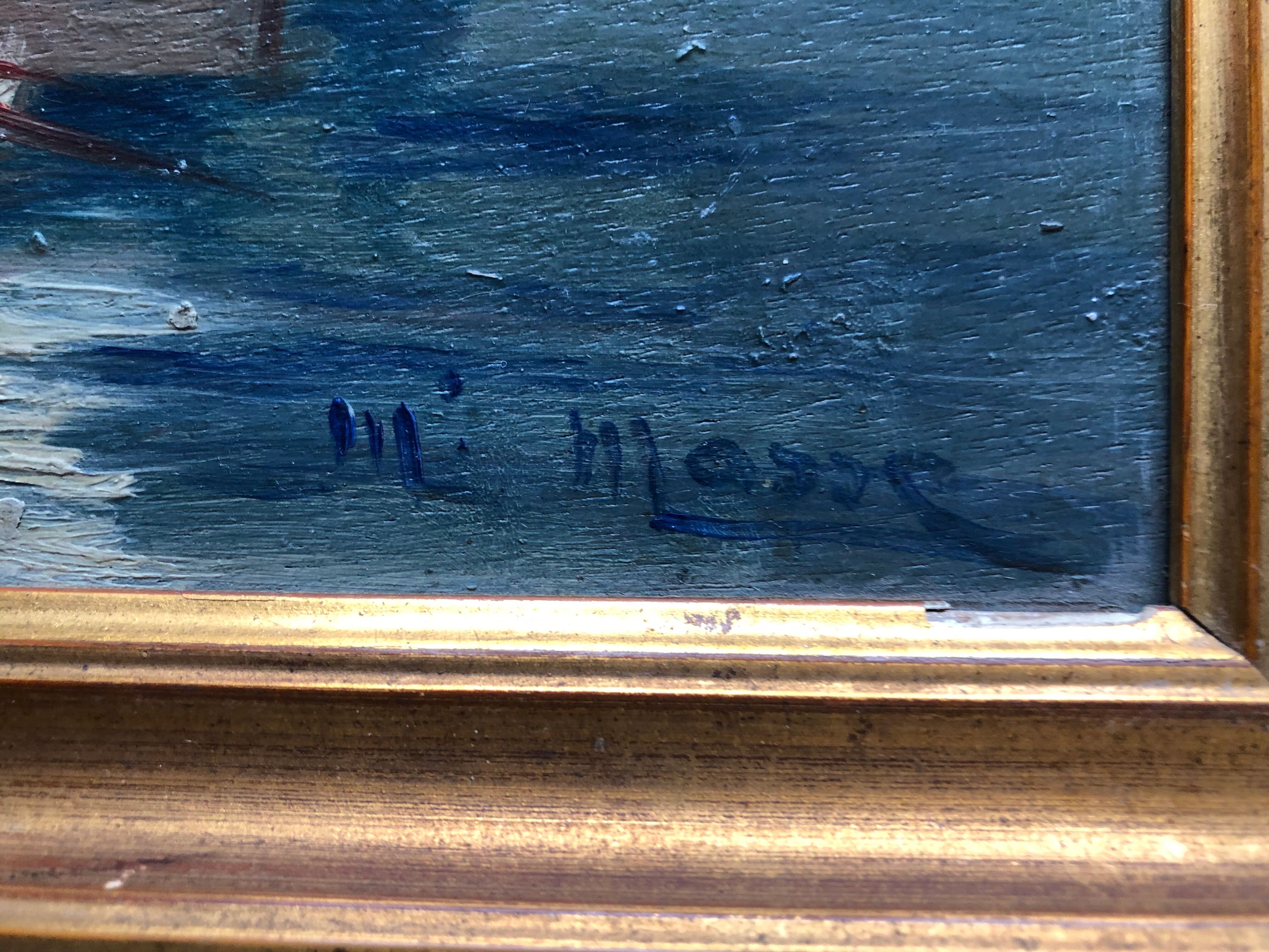 Oil on panel: sailboats at the port