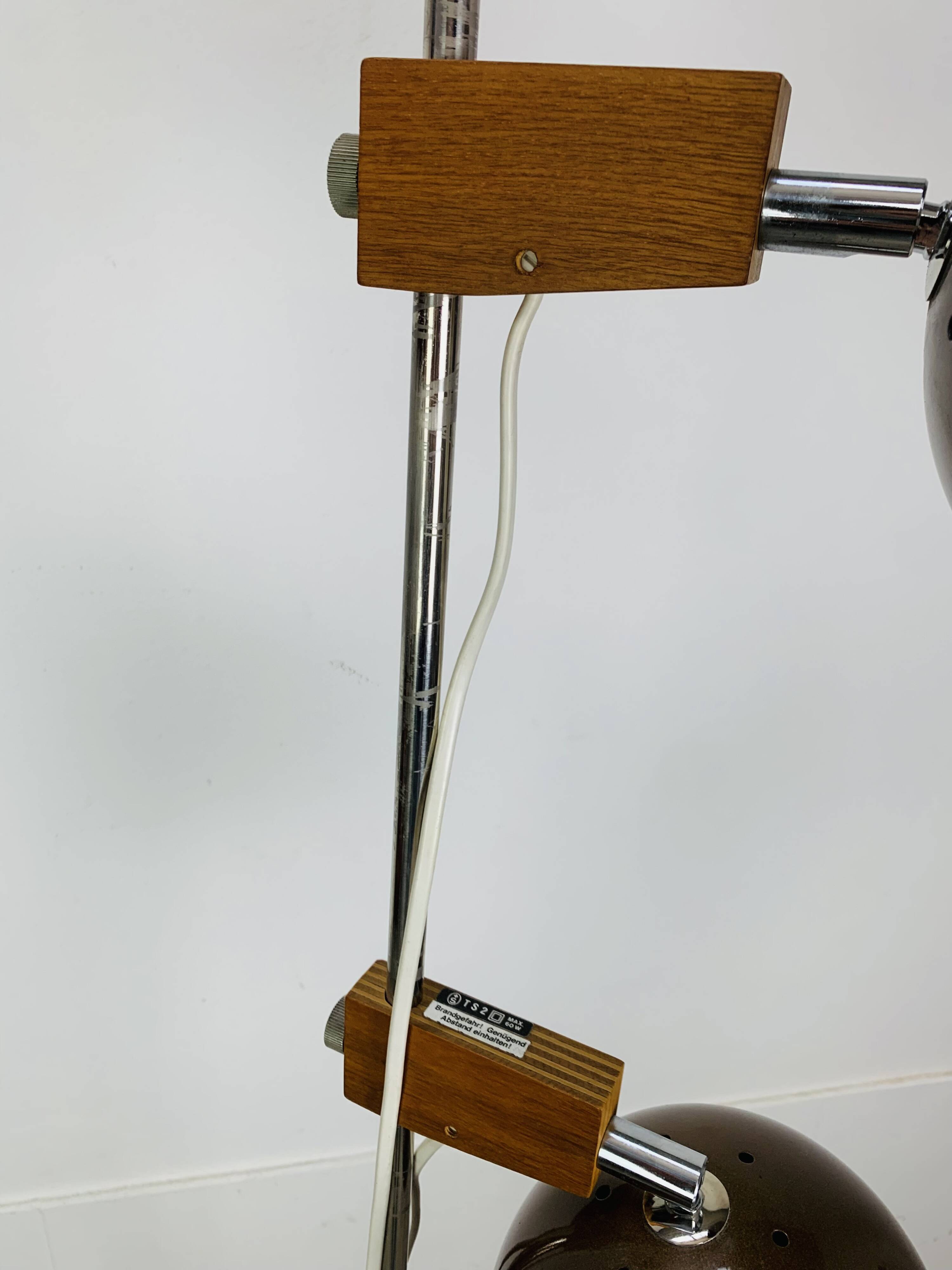Eyeball floor lamp by Temde Leuchten, copper metal, teak and chrome, 70s.