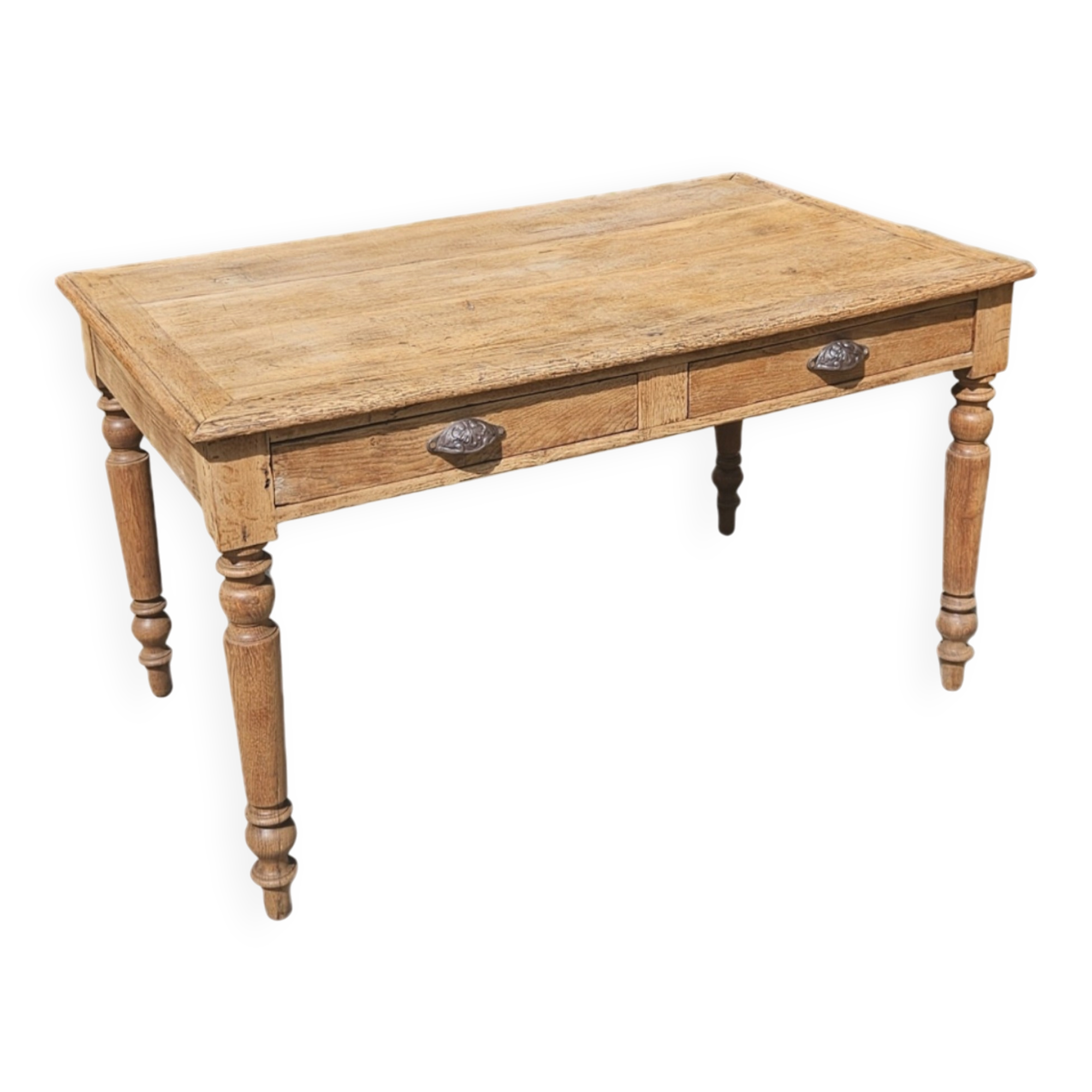 Farmhouse table, solid oak wood, raw finish, shell handles, for 6 people.