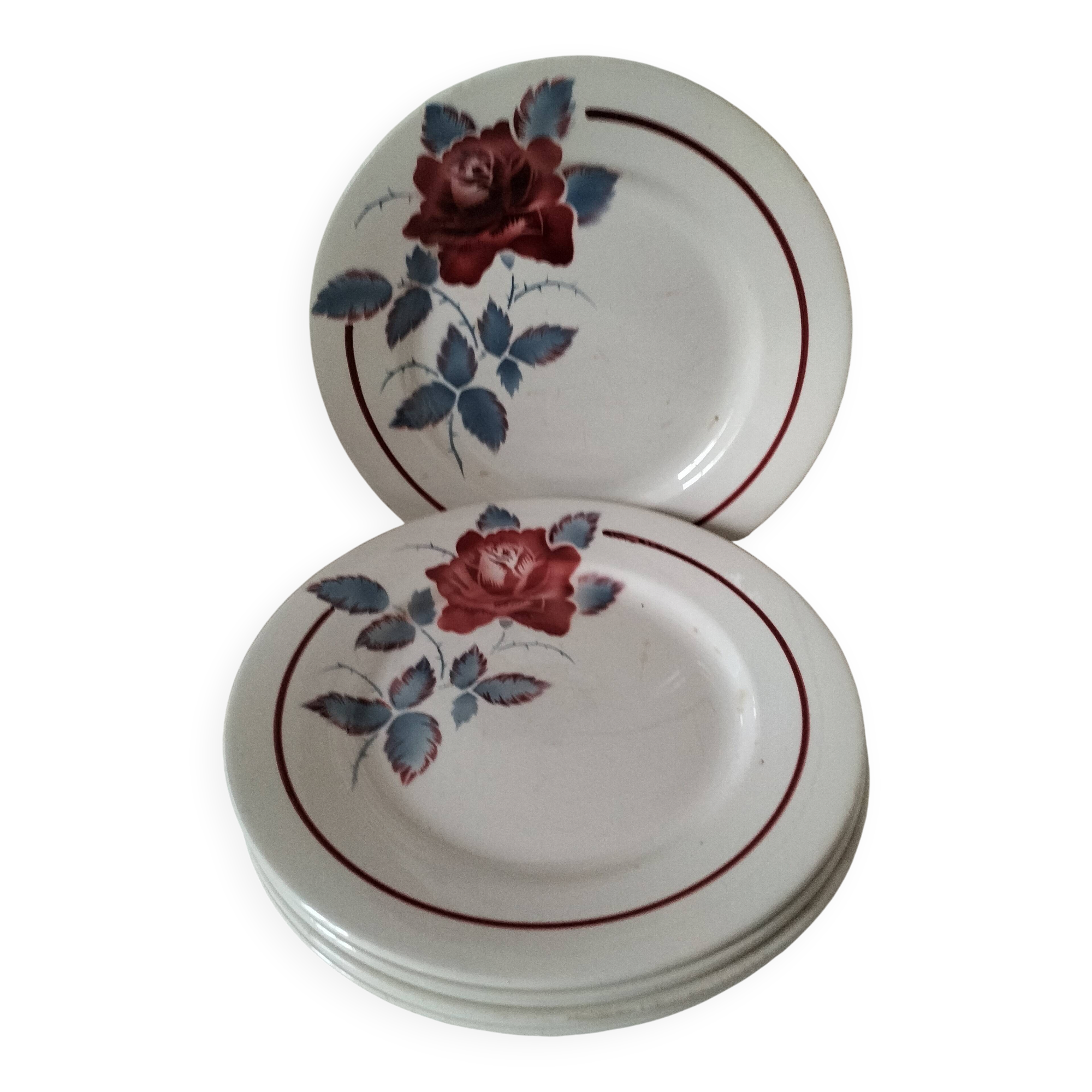 6 Digoin Sarreguemines Sobral plates in raspberry and grey-blue.