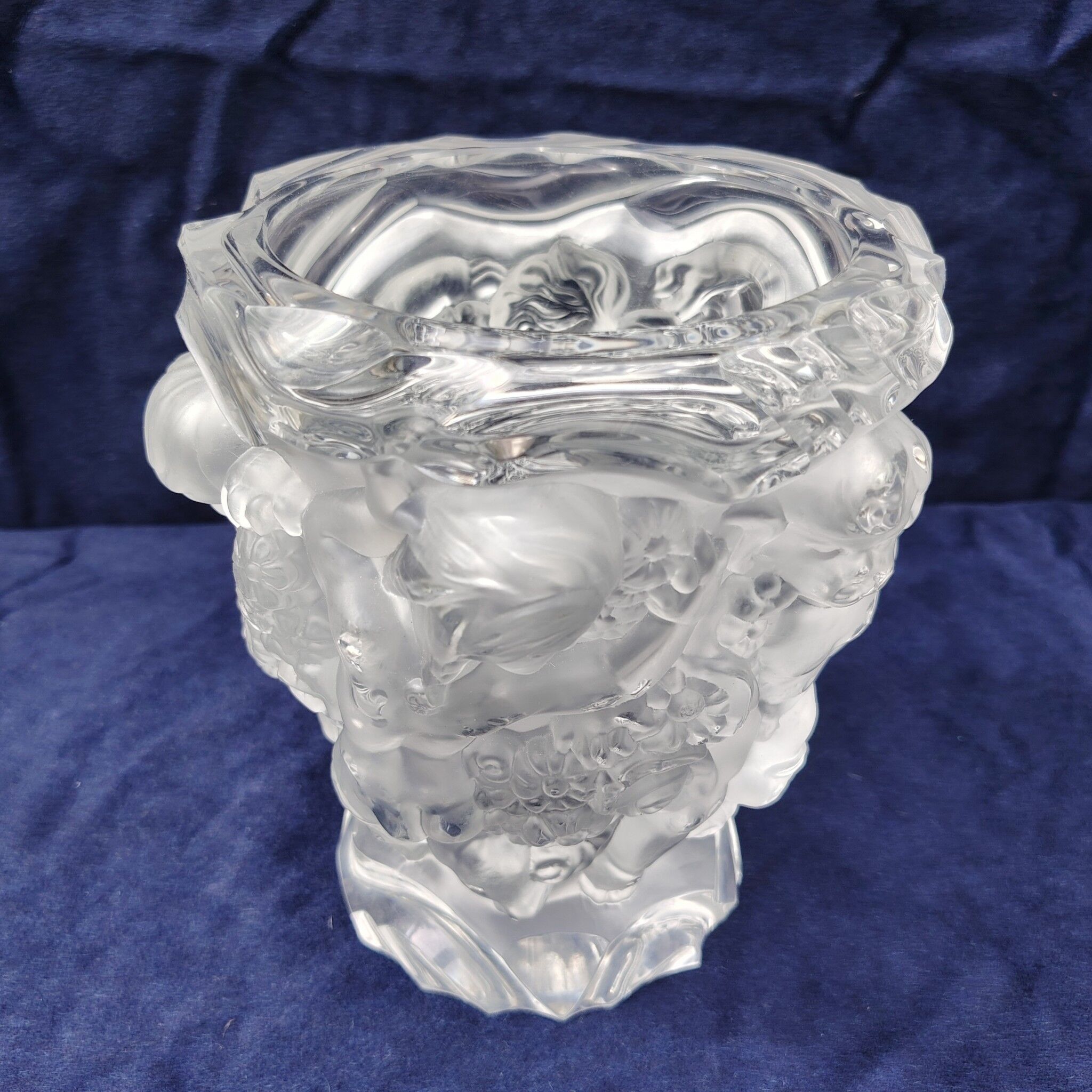 Frosted glass vase, decorated with cherubs and flowers, vintage.