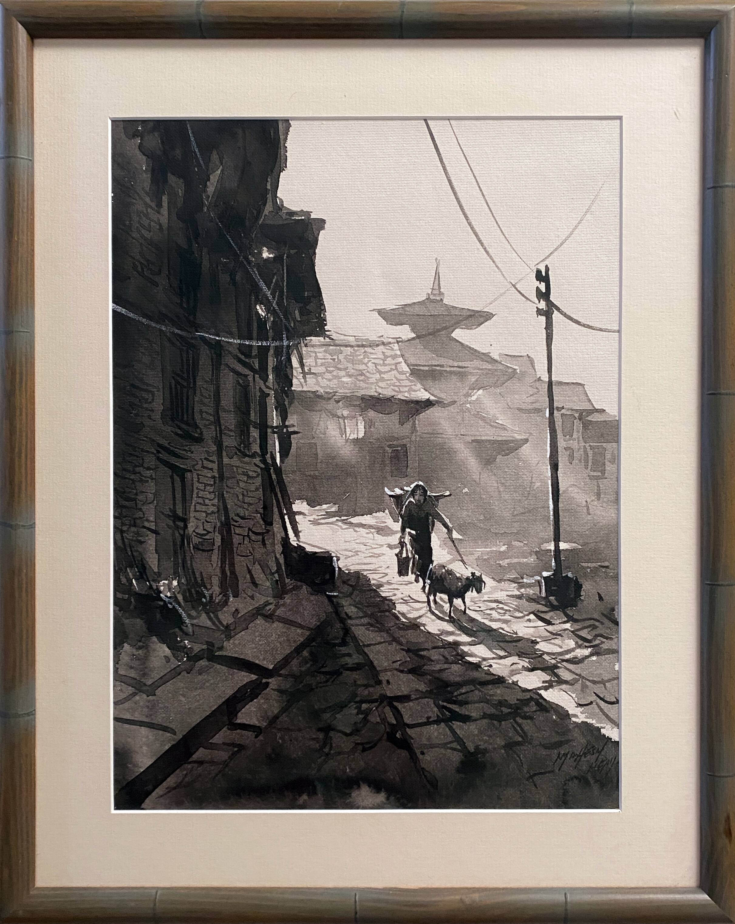 Indochinese school ink (XX °) signed "Bergère à la chévre" + frame