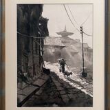 Indochinese school ink (XX °) signed "Bergère à la chévre" + frame