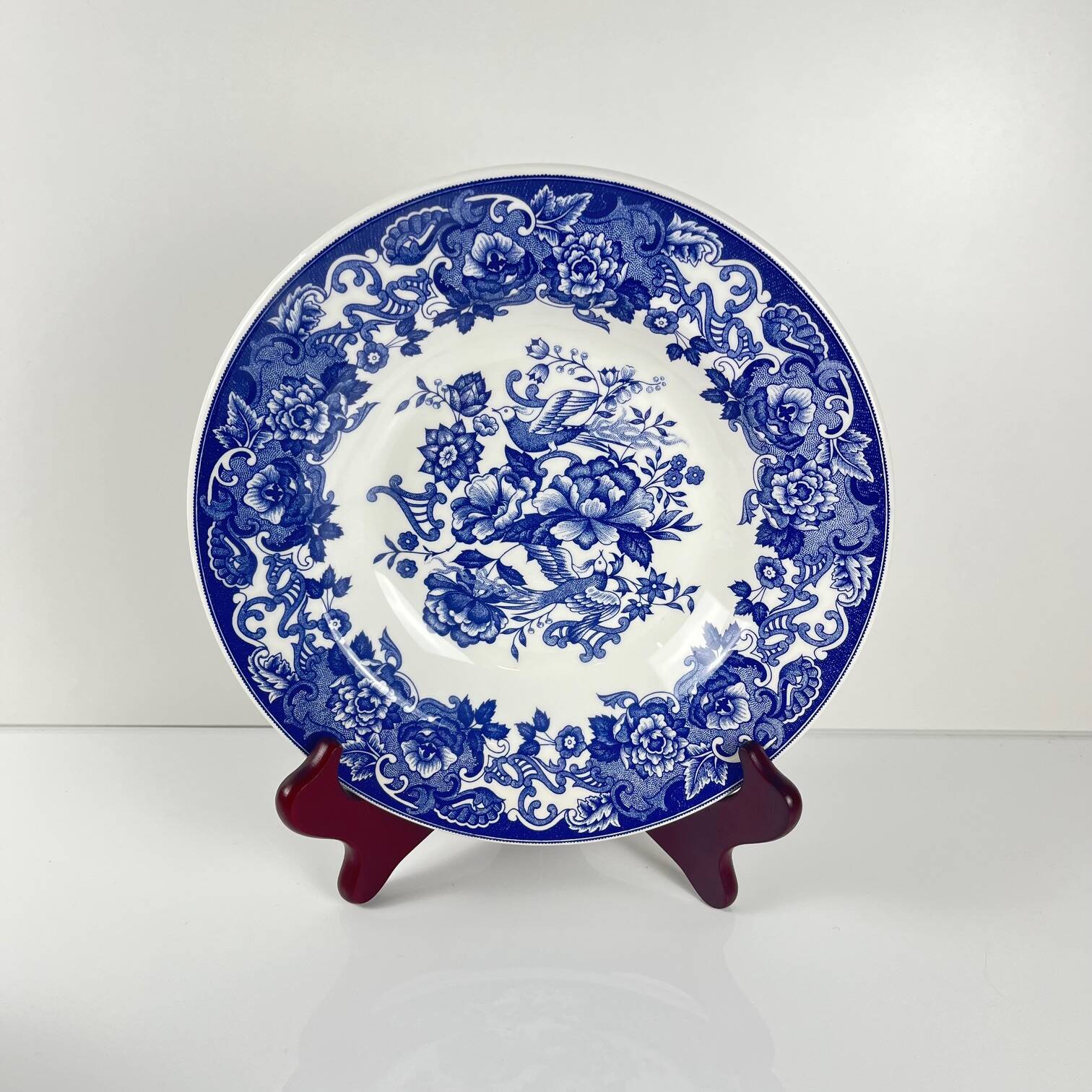 Set of 6 blue earthenware soup plates, floral and bird decoration, early