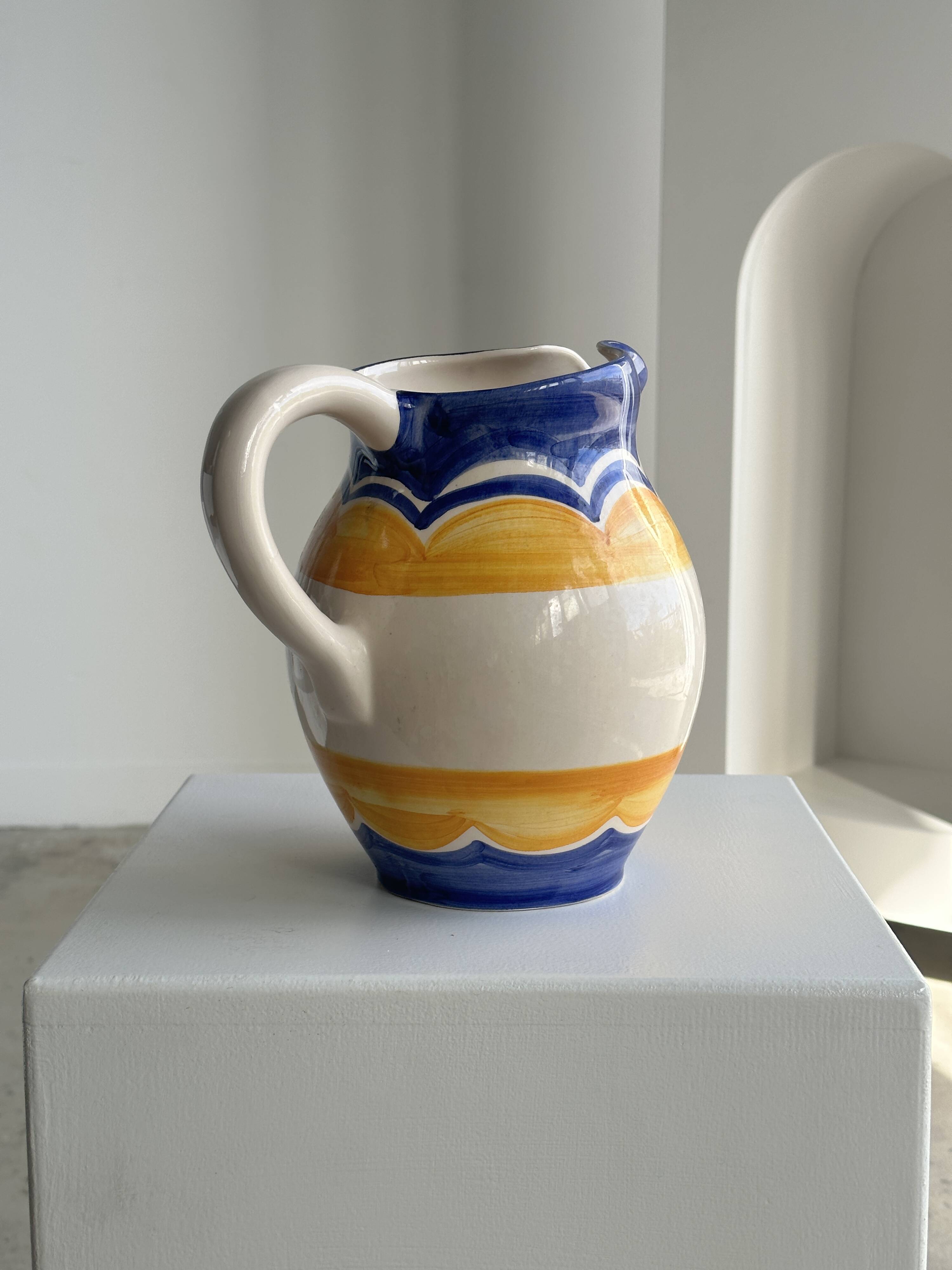 Large blue and yellow hand painted carafe H:20cm