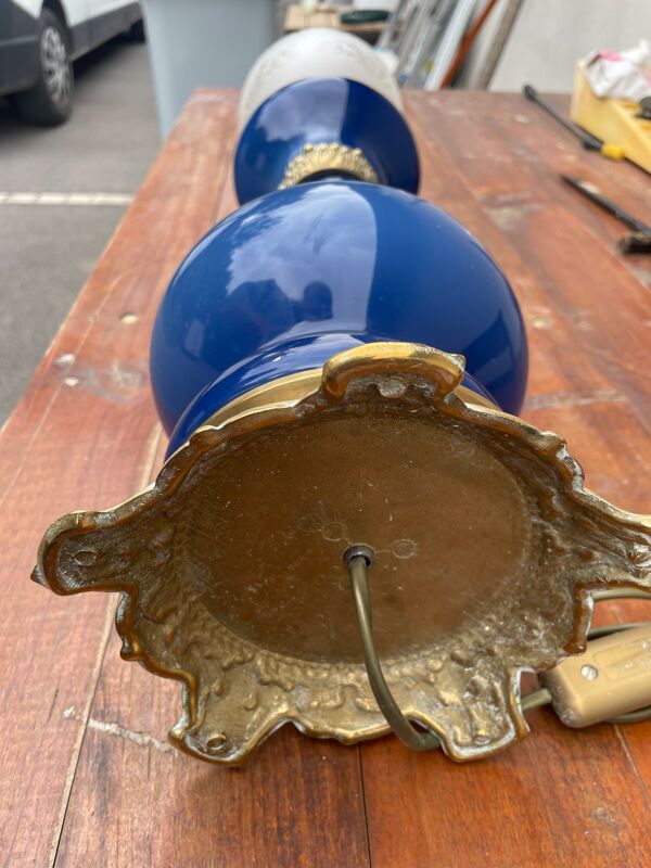 Lampe balustre porcelaine bleu et bronze