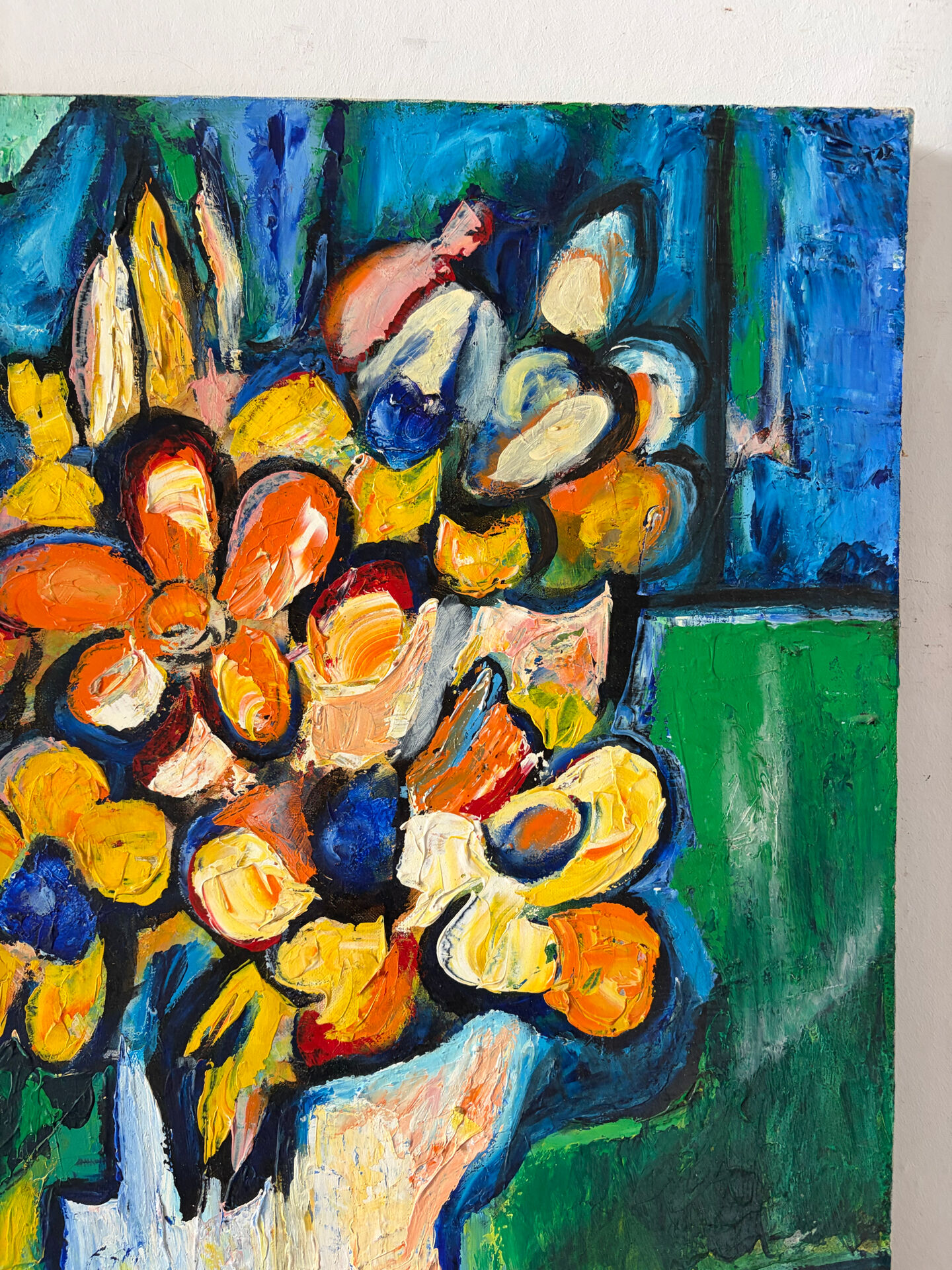 Modern bouquet and stained glass, knife oil signed
