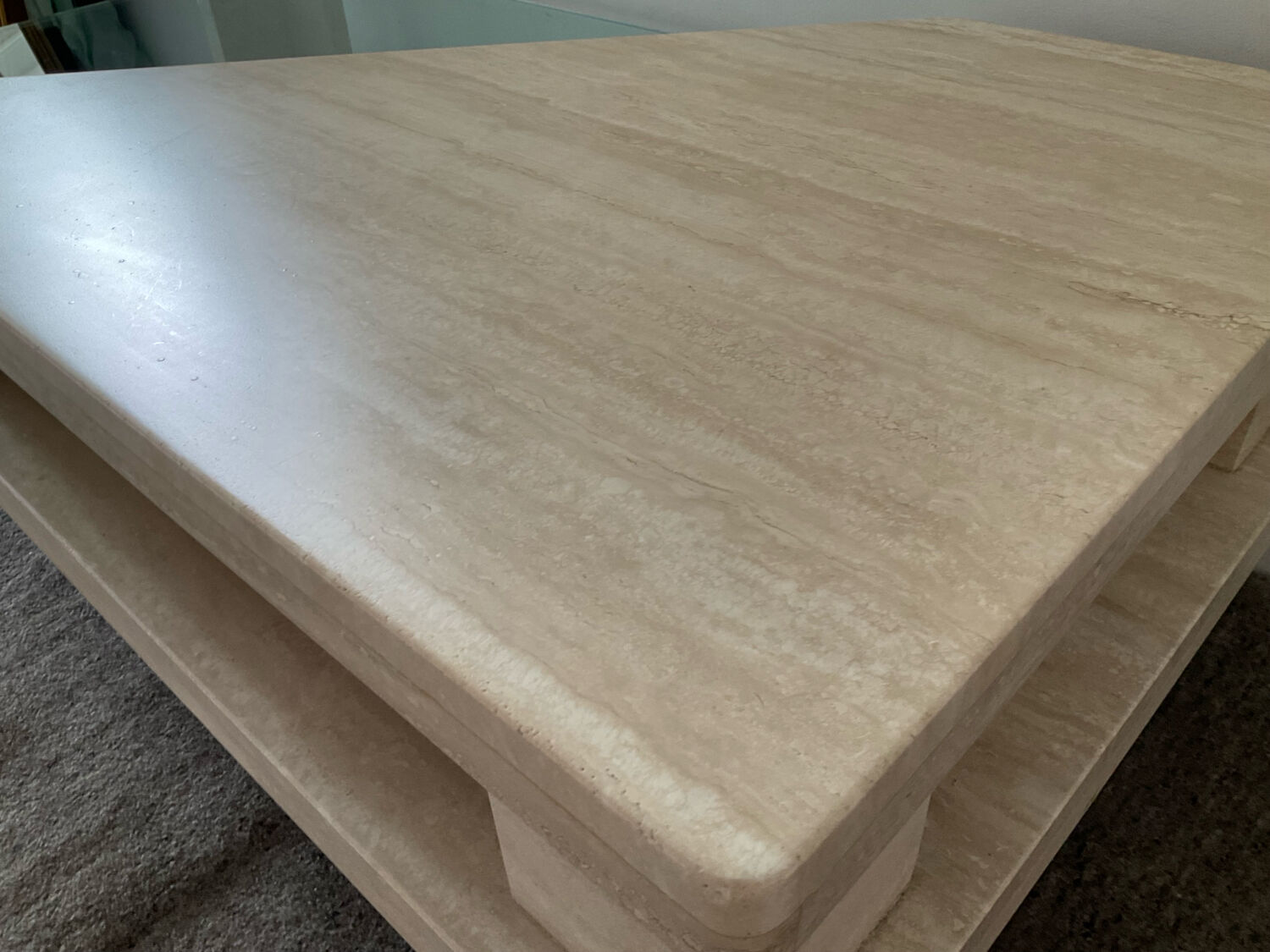 Vintage travertine and glass coffee table
