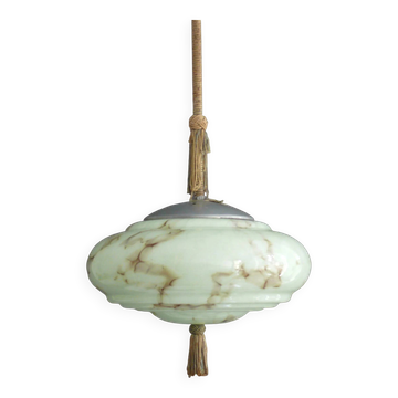 Art Deco Pendant Light with Twisted Stem, Marbled Effect, Metal and Brass - 1930s