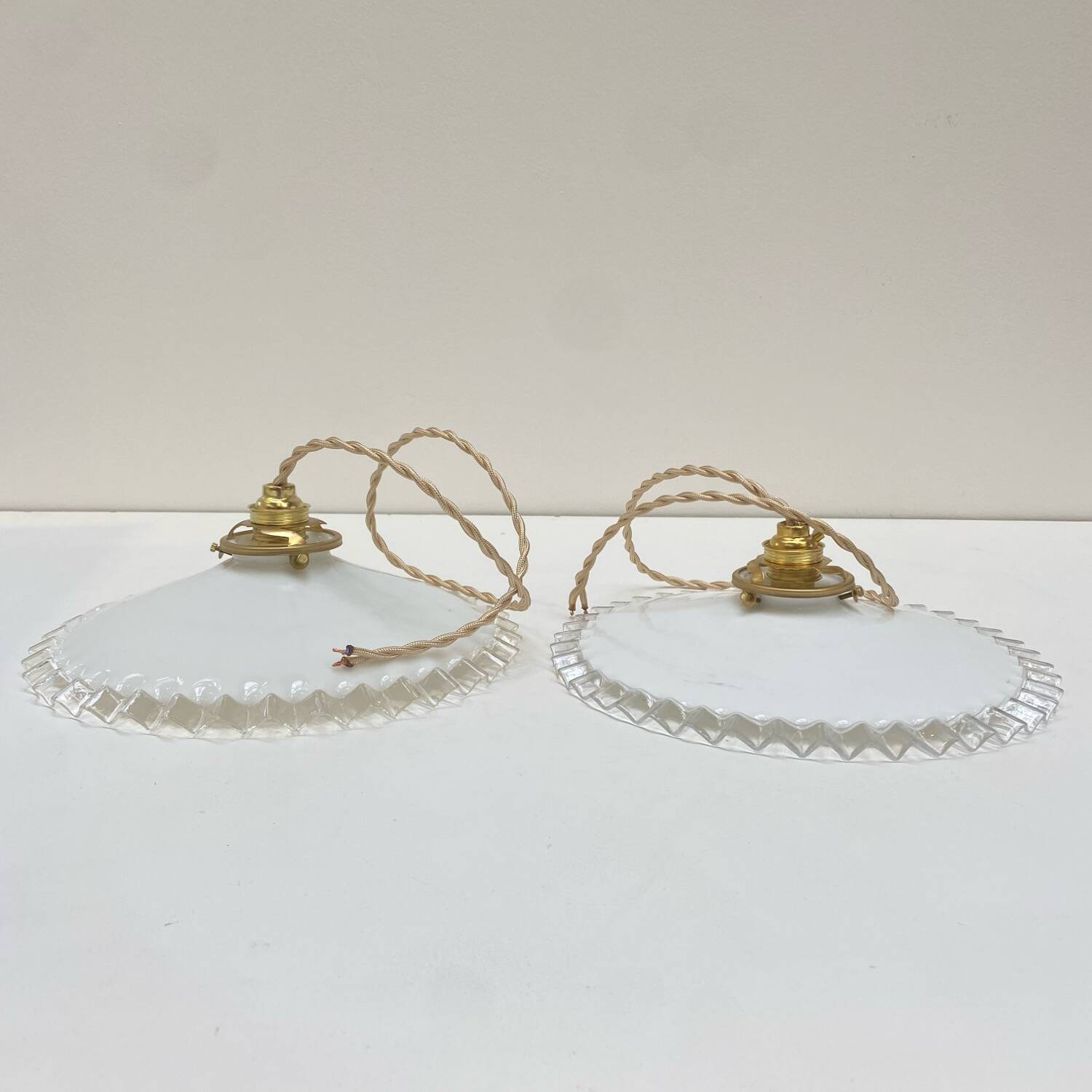 Pair of white opaline pendant lights