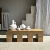 Solid monoxyl wood bench with carved 3-arch base - Natural wood color
