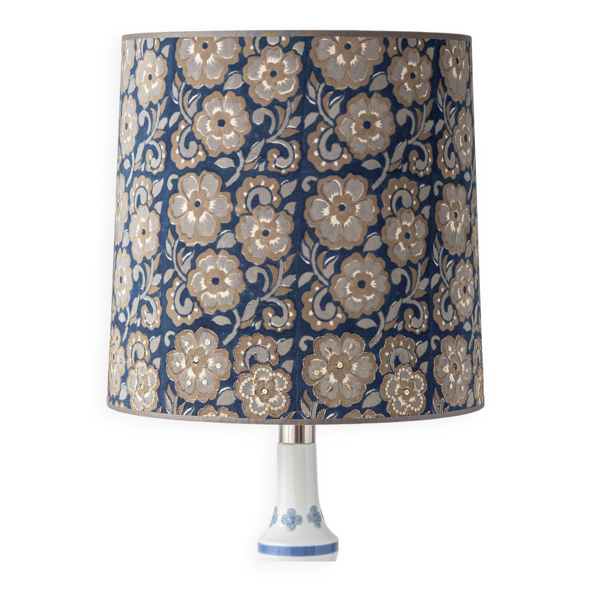 Blue and white porcelain table lamp by Lladró with floral shade in new silk.