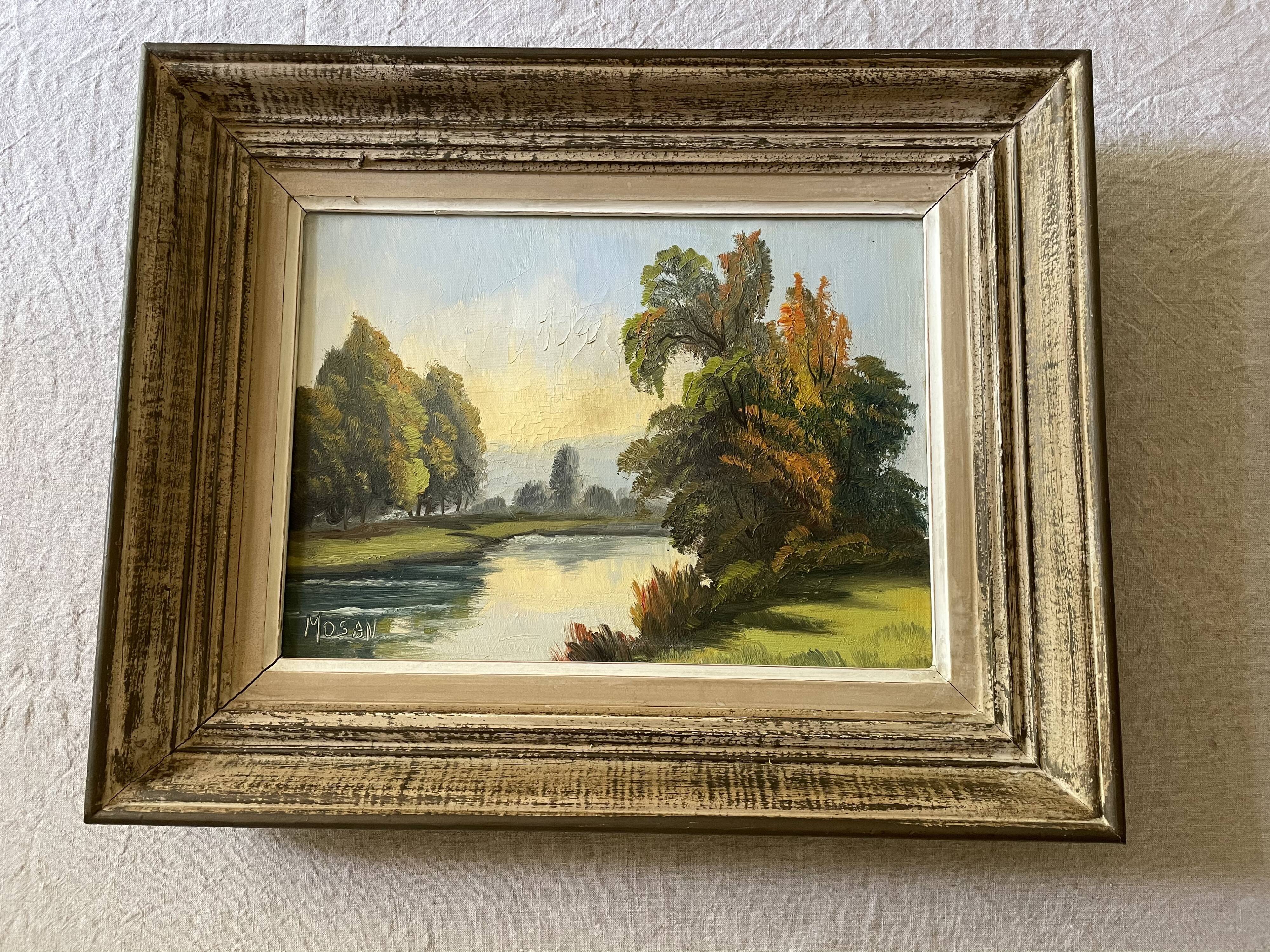 Oil on canvas framed river landscape