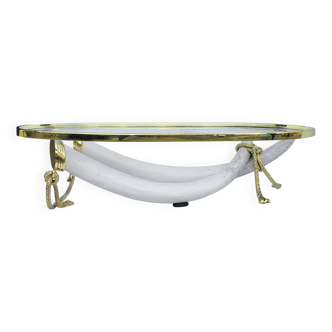 Table basse Italo Valenti en laiton et fausses défenses d'éléphant années 1970 en verre doré