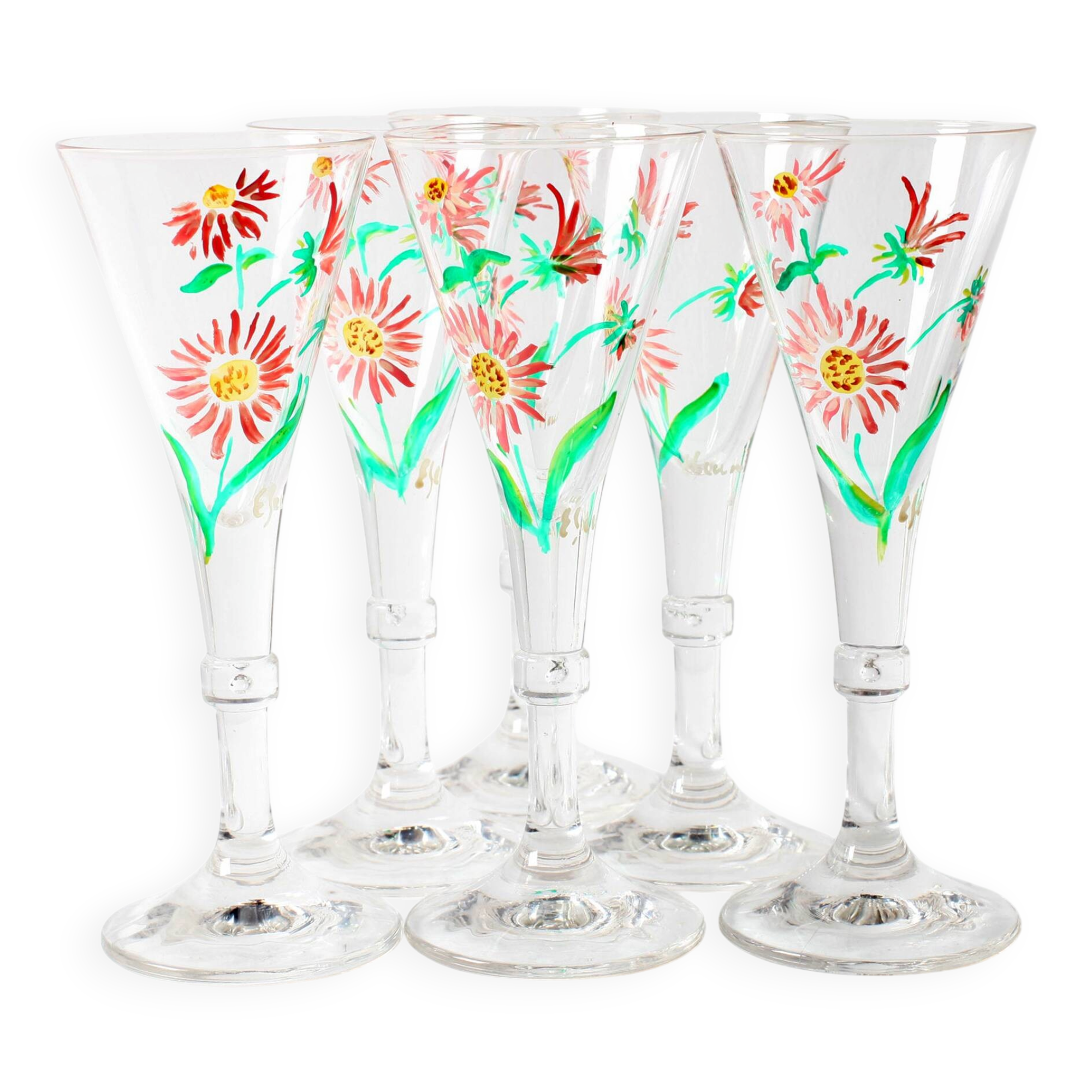Set of 6 Mid-century Rare Floral Design Champagne Flutes / Italy / 1960s