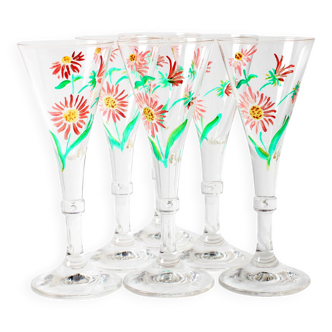 Set of 6 Mid-century Rare Floral Design Champagne Flutes / Italy / 1960s