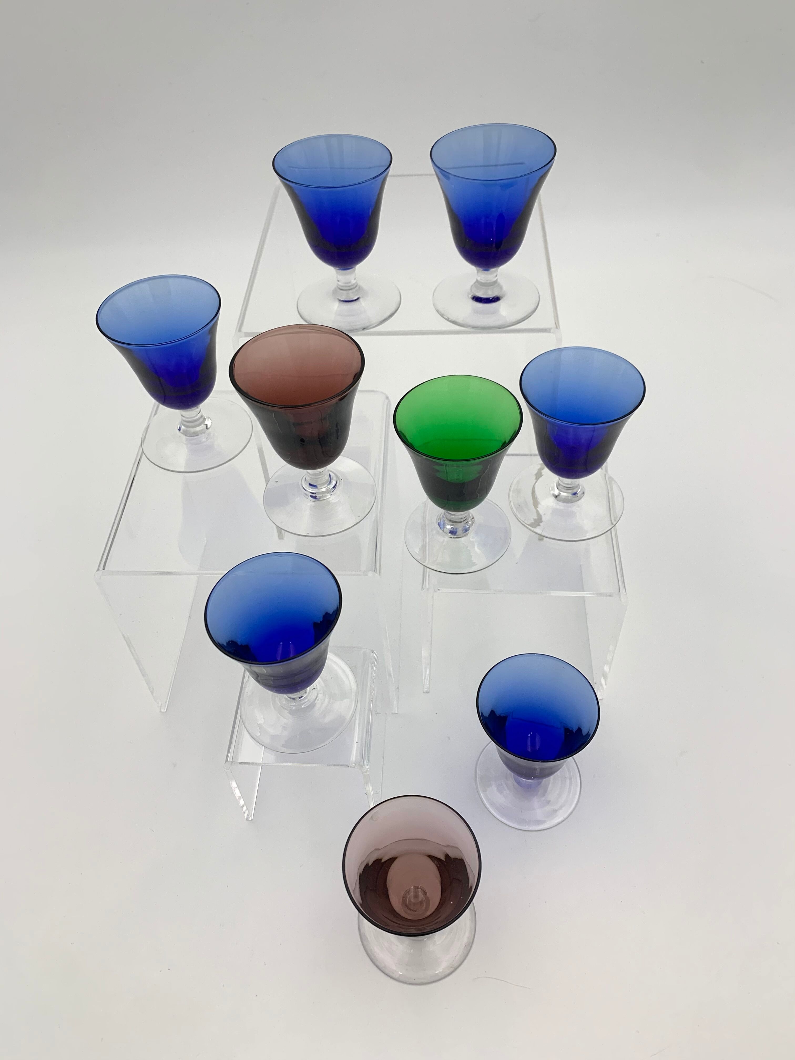 Nine vintage liquor glasses, coloured glass 20th century