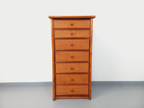 Commode chiffonnier semainier vintage en rotin, bois et cannage