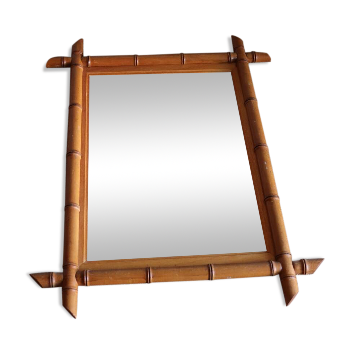 Antique cross mirror, turned wood, bamboo style
