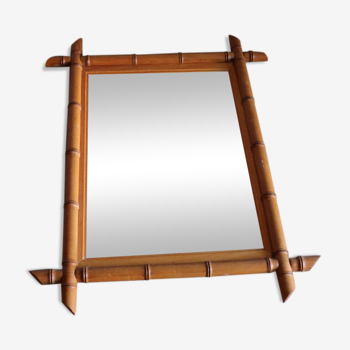 Antique cross mirror, turned wood, bamboo style