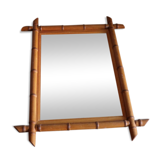 Antique cross mirror, turned wood, bamboo style
