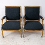 Pair of 19th century Louis XVI gilt armchairs newly re upholstered in holland and sherry fabric