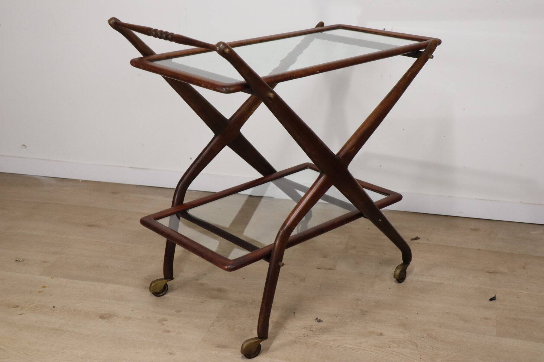 Vintage wooden and glass rolling trolley, 1960