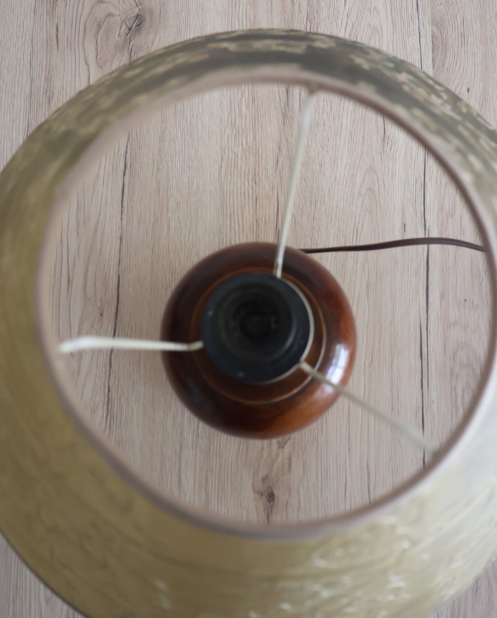Vintage table lamp in turned wood and fabric lampshade