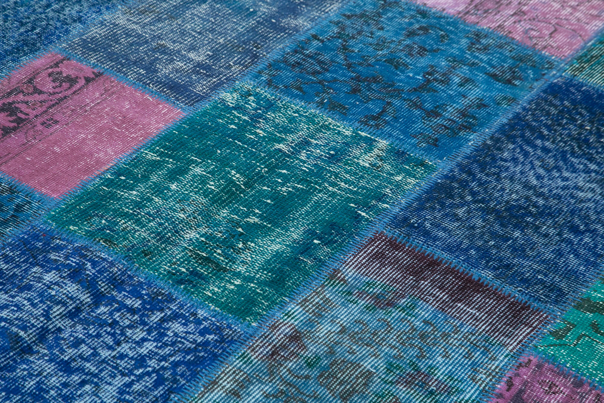 Handmade anatolian vintage 202 cm x 300 cm blue patchwork carpet
