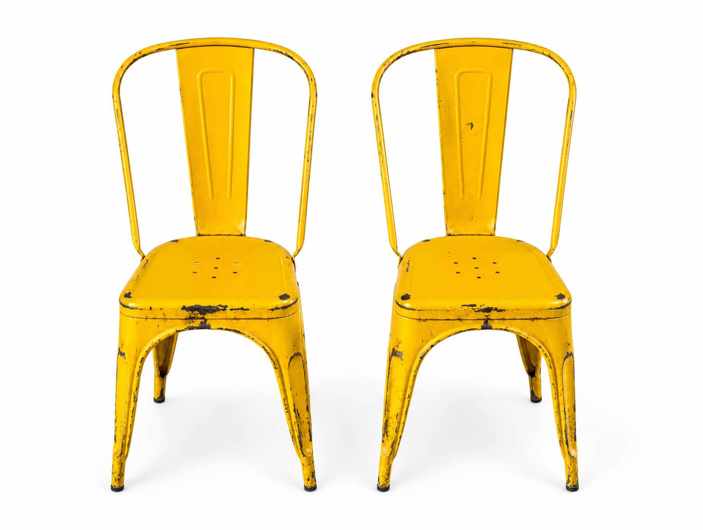 Set of 4 Tolix chairs, 2 yellow, 2 blue. 1960s edition.