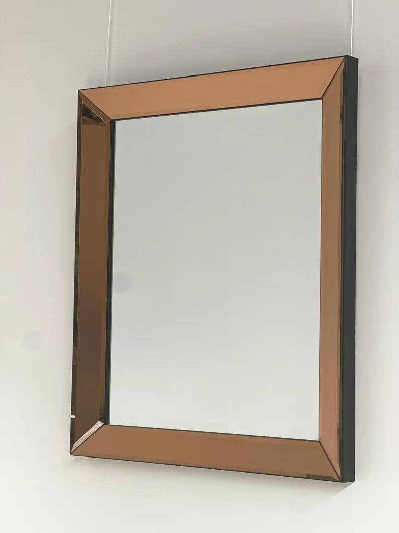 Vintage Peach/Rose Smoked Mirror – Beveled Frame, 1970s