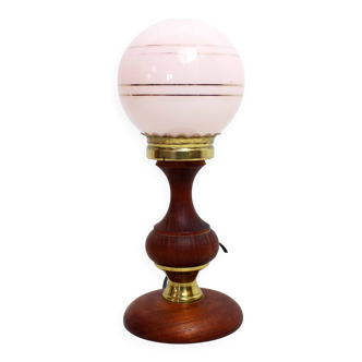 Vintage teak and pink glass lamp