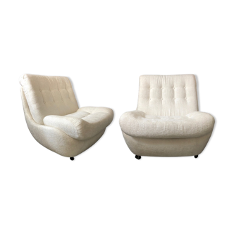 Pair of vintage white boucle atlantis armchairs, Czechoslovakia, 1960s