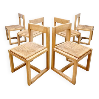 Vintage design woven rush seat dining chairs