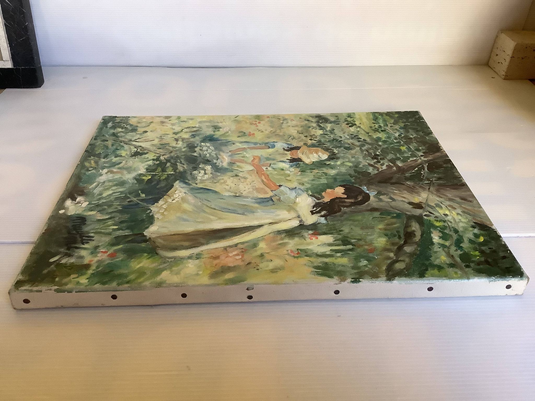 Painting of young girls in the garden, oil on canvas, signed