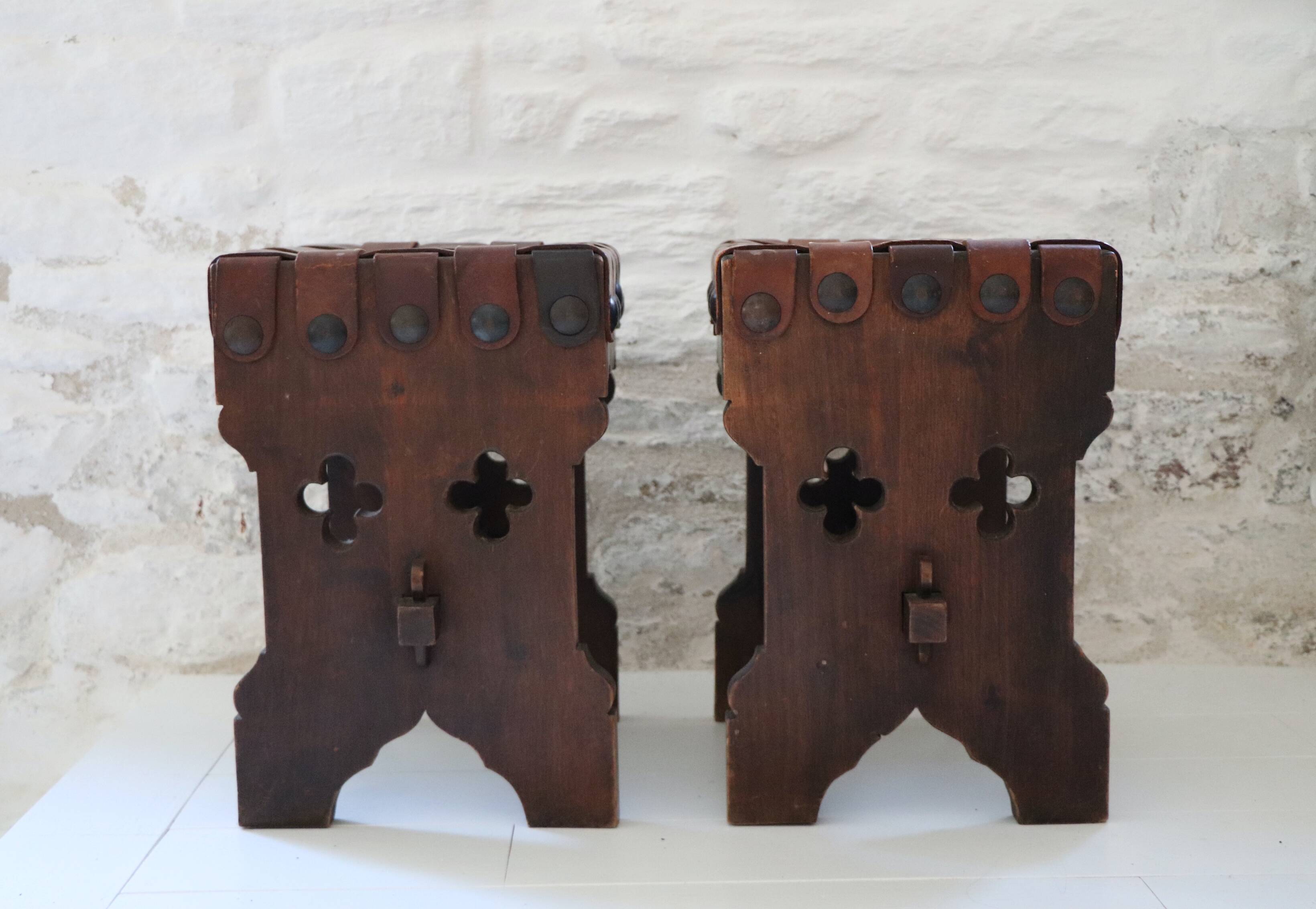 Pair of XX brutalist design wooden and leather stools