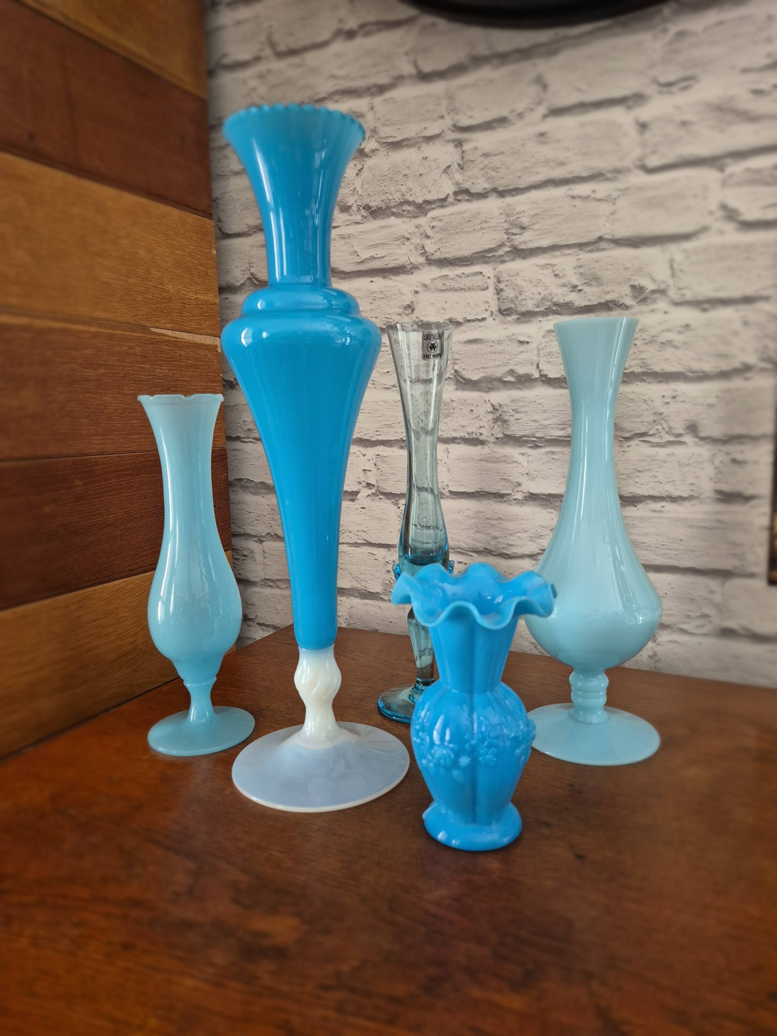 Large vintage blue and white opaline vase