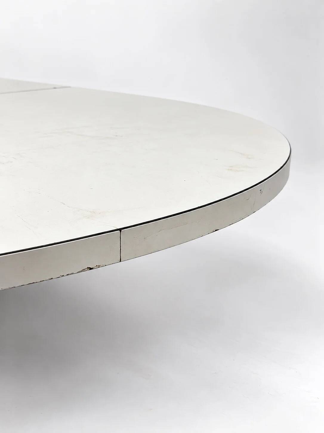 Vintage oval extendable dining table, white laminate and chrome, 1970s.
