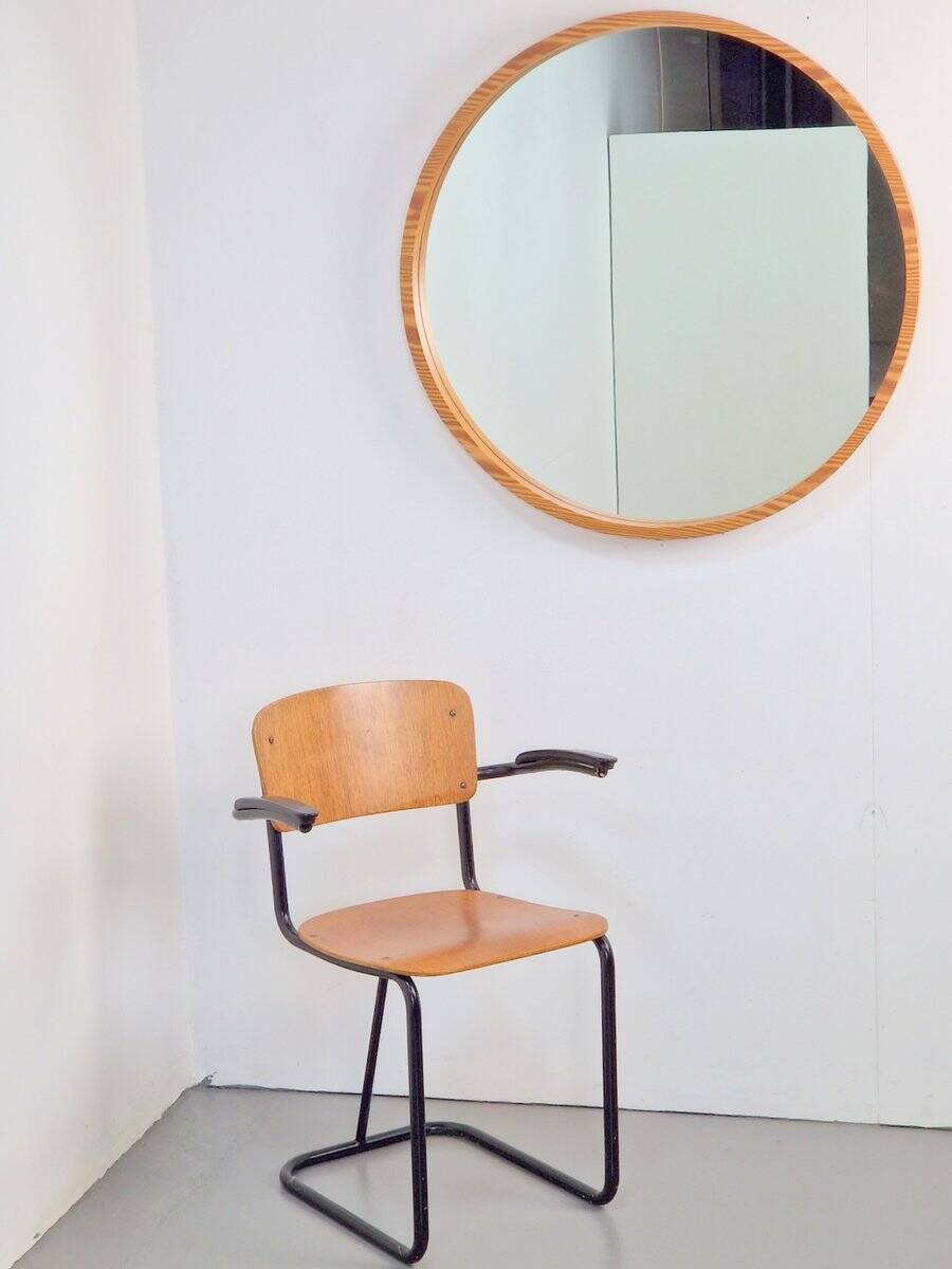 Large Mid-Century Round Pine Mirror, Denmark, 1960s