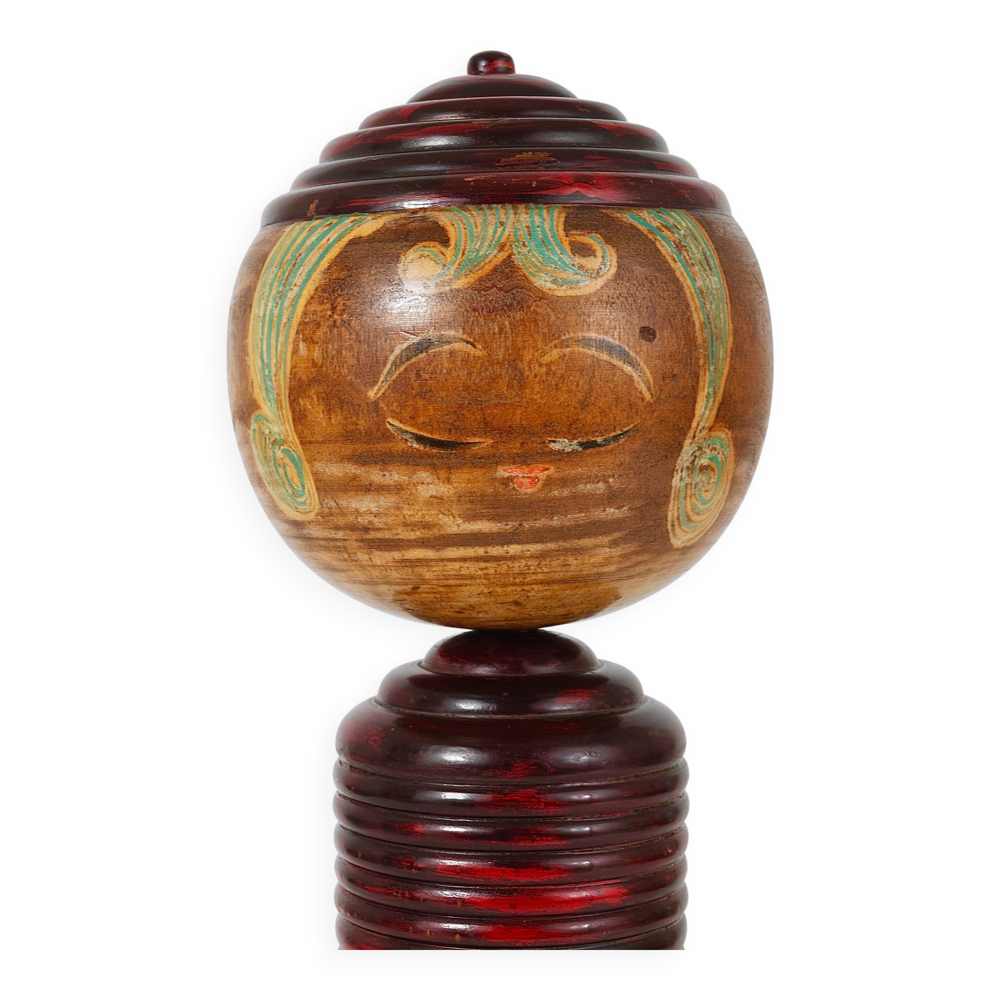 Decorative Kokeshi doll sculpture from northern Japan, hand-painted, signed.